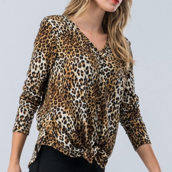 leopard print button down with front knot top - Picture 4 of 7